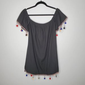 HOT & DELICIOUS Black Off The Shoulder Pom Pom Beaded Tunic Top Sz Small S